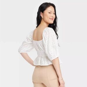 A New Day Women's Puff Elbow Sleeve Eyelet Shirt